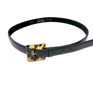 Women Black Leather Belt with Square Leopard Resin Buckle. 37 inches. VGUC
